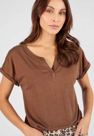 Damart - T-shirt linnenmix geweven details - Dames - Bruin - M