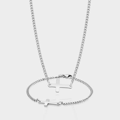 Cuban Cross Ketting 3 mm x Cuban Cross Armband - Zilveren Schakelketting en Schakelarmband met Kruisje Heren - 50/21 cm lang - Olympus Jewelry