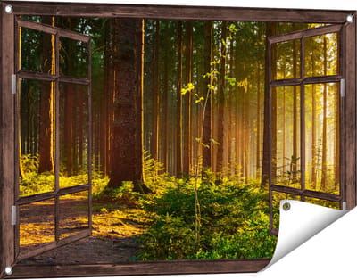 Gards Tuinposter Doorkijk Bos met Zon tussen de Bomen - 90x60 cm - Tuindoek - Tuindecoratie - Wanddecoratie buiten - Tuinschilderij