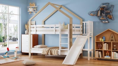 Stapelbed met Glijbaan en Hoekopklipladder voor Kinderen – Veilig Huisbed van Massief Hout