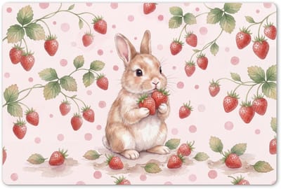 Placemats 45x30 cm - Placemat kunststof - 1 stuk - Konijntje - Aardbeien - Roze - Rood - Borden onderleggers - Decoratie voor op tafel - Keuken tafeldecoratie accessoires - Vinyl onderlegger - Tafelversiering