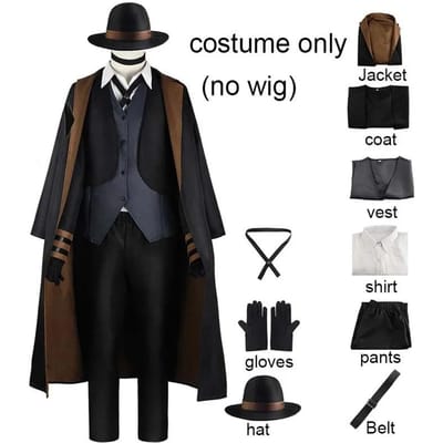 Nakahara Chuuya Cosplay Kostuum Inclusief Hoed Uniform Trenchcoat Broek Grote Maten Outfits Halloweenfeest voor Comic Con XS（old） black