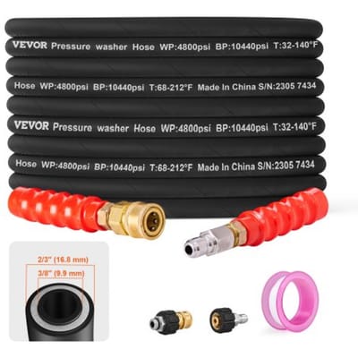 VEVOR afvoerontstoppingsslangset 3/8 inch-φ14,8 mannelijk 3/8 inch-φ15 vrouwelijk aansluiting afvoerontstoppingsset max. 330,95 bar rioolreiniger 124,5 mm buigradius hogedrukreiniger accessoires PVC Polyester