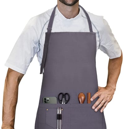 Schort, 70 x 85 cm, 100% katoenen keukenschort met verstelbare hals, riem, professionele kwaliteit, BBQ-schort, donkergrijs
