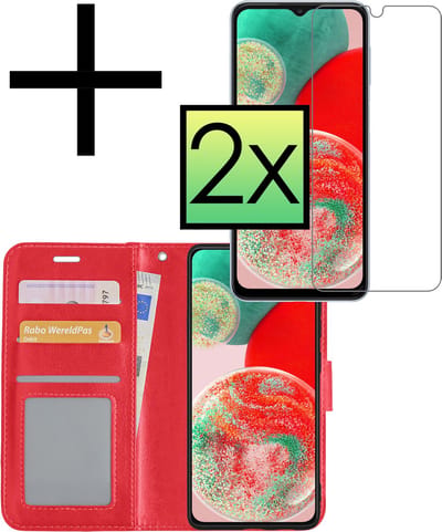 Hoesje - Met 2x Screenprotector - Geschikt voor Samsung Galaxy A23 - Luxe Pasjeshouder - Bookcase Portemonee - Flip Case - Kunstleer Book Case - Flipcase Hoes - Book Cover - Walletcase - Portemonneehoes - Rood
