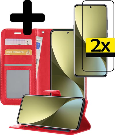 Hoesje - Met 2x Screenprotector - Geschikt voor Xiaomi 12 - Luxe Pasjeshouder - Bookcase Portemonee - Flip Case - Kunstleer Book Case - Flipcase Hoes - Book Cover - Walletcase - Portemonneehoes - Telefoonhoesjes - Rood