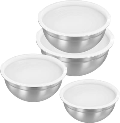 Roestvrijstalen Mengkom - Metalen Beslagkom - Bakken en Koken - Set van 4 met Deksel - 18-28 cm - Zilver
