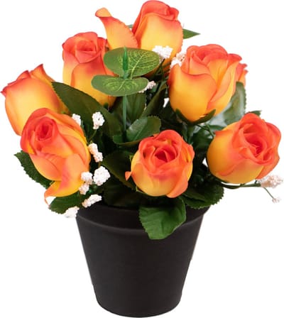Louis Maes Kunstbloemen klein boeketje rozen in pot - oranje - H25 cm - Bloemstuk - Bladgroen