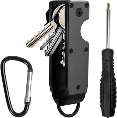 Zwarte sleutelorganizer met karabijnhaak en schroevendraaier, metalen keyholder voor maximaal 6 sleutels, ideaal voor dagelijks gebruik en op reis