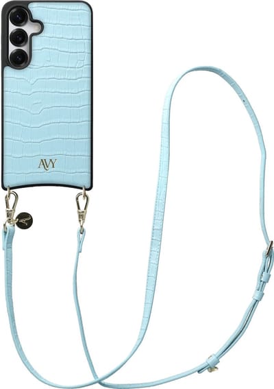 AVY Leren Hoesje Geschikt voor Samsung Galaxy S25 / S24 | Compatibel met MagSafe | Leather Case met Telefoonkoord | Crossbody | Croco Blauw | Long Leather