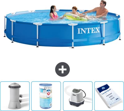 Intex Rond Frame Zwembad - 366 x 76 cm - Blauw - Inclusief Zwembadfilterpomp - Filter - Zoutwatersysteem - Zwembadzout - 5-delig