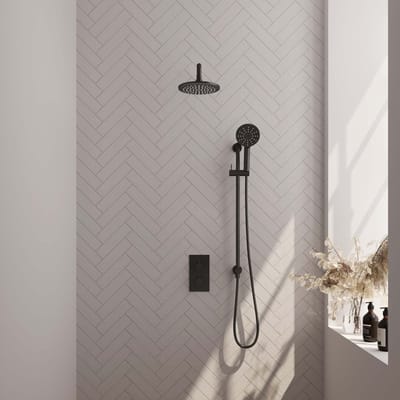 Brauer Black Edition thermostatische inbouw regendouche 3-weg omstelling SET 45 met 20 cm douchekop en gebogen muurarm en 3-standen handdouche en doucheslang en geïntegreerde glijstang mat zwart