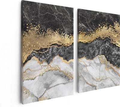 Artaza Canvas Schilderij Tweeluik Abstracte Kunst - Zwart met Witte Marmer - 80x60 cm - Wanddecoratie Woonkamer - Schilderijen - Muurdecoratie