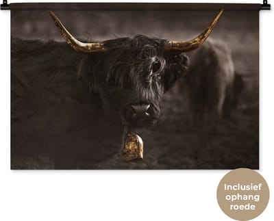 Wandkleed - Wanddoek - Schotse hooglander - Dier - Zwart - wit - 90x60 cm - Wandtapijt