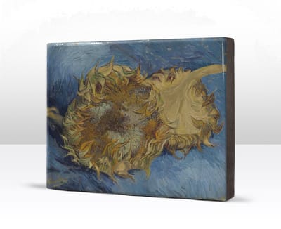 twee afgesneden zonnebloemen - Vincent van Gogh - 26 x 19,5 cm - Niet van echt te onderscheiden schilderijtje op hout - Mooier dan een print op canvas - Laqueprint.