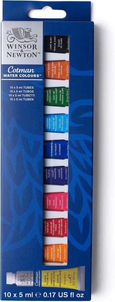 Winsor & Newton 0390664 Cotman Aquarelverf Set – Beginners Set 10 x 5 ml – Essentiële Waterverfkleuren met Hoge Kwaliteit Pigmenten