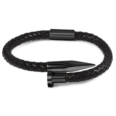 Victorious Handgevlochten Leren Armband Heren – Zwart RVS Roestvrij Staal – Zwart – 22cm
