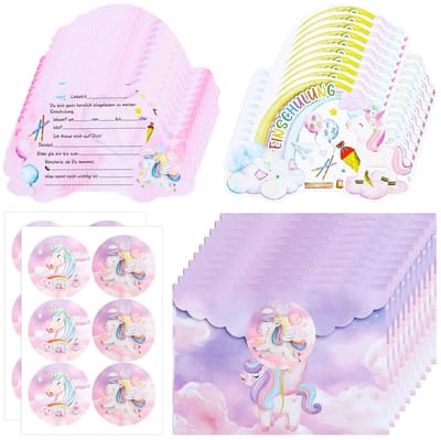 Dailygoods- Uitnodigingskaarten Eenhoorn - 12 Stuks - Inclusief Enveloppen/Stickers - Kinderfeestje - Eerste Schooldag - Roze Ontwerp - Feestuitnodigingen