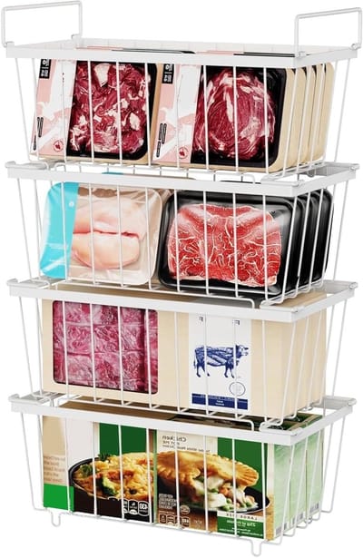 Set van 4 stapelbare diepvriescontainers met handvat voor het sorteren van diepvriesvoedsel, gemakkelijk toegankelijk, ideaal voor opslag en organisatie