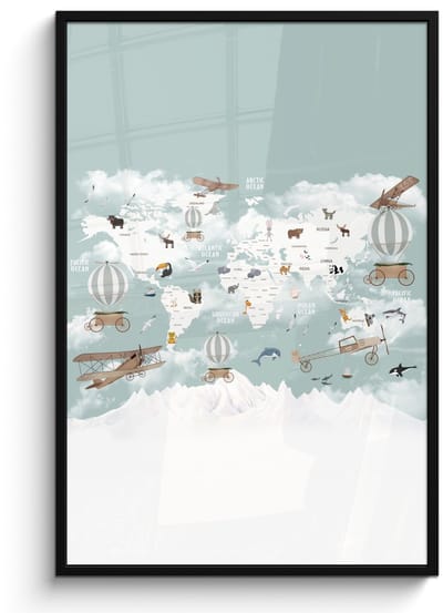 Poster in lijst - Fotolijst 80x120 cm - Posters - Wereldkaart - Kind - Vliegtuig - Posterlijst zwart - Decoratie - Wanddecoratie woonkamer - Muurdecoratie slaapkamer