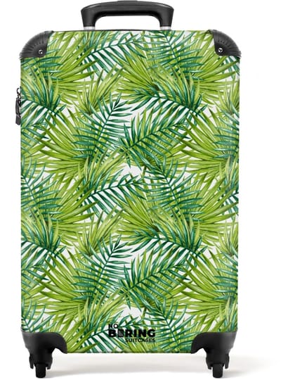 NoBoringSuitcases.com - Koffer - Palm bladeren patroon licht groen - Past binnen 55x40x20 cm en 55x35x25 cm - Trolley handbagage - Valiezen met wieltjes volwassenen - Reiskoffer op wielen - Rolkoffer lichtgewicht