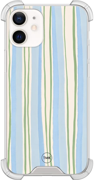 Shockproof hoesje geschikt voor Apple iPhone 12 mini - Pastelblauwe strepen - Schokbestendig - Verhoogde randen - TPU case - Extra Sterke Back Cover - Gestreept - Transparant, Blauw