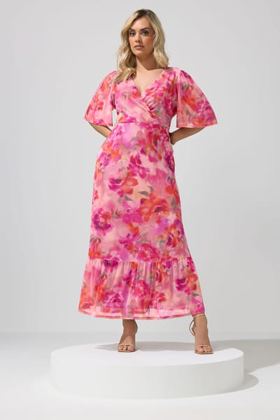 Yours London Roze Wikkeljurk Met Bloemenprint En Gerimpelde Zoom Size 42