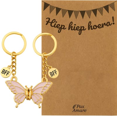 BFF Sleutelhanger voor 2 'Hiep Hiep Hoera' - Magnetische Roze Vlinder - Sleutelhanger set op Cadeau Kaartje - Goudkleurig - Verjaardags Hanger - Pax Amare