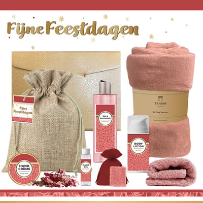 Geschenkset “Fijne Feestdagen” - 8 producten - 1210 gram - Triomf Cosmetica | Giftset voor haar Luxe wellness cadeaubox Cadeau vrouw Gift Set Kerst Geschenk Fijne Feestdagen Kerstpakket Cadeaupakket Prettige Kerstdagen Collega Vriendin Rood Roze