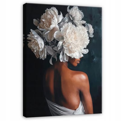 WALLARENA - Schilderij op canvas - 100x70 cm - abstracte vrouw met witte bloemen - Geschikt voor slaapkamer en woonkamer