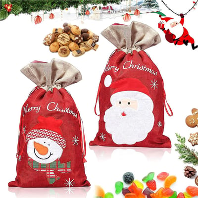 Dailygoods- Cadeauzakjes 41 x 24 cm - 2 Stuks - Kerstcadeauzakjes - Sneeuwpop/Kerstman - Trekkoord - Linnen Materiaal - Kerstzak