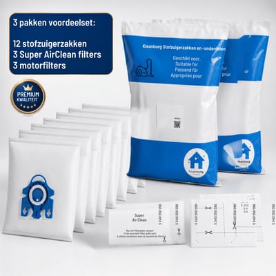 Miele GN Stofzuigerzakken van Kleanburg® - Geschikt voor Miele C1, C2, C3, S5, S8 - 12 zakken, 3 motorfilters en 3 AirClean filters- Miele 991730 - Gelijk aan Originele Kwaliteit