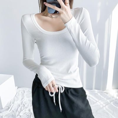 Zacht en Dun Kleverig Katoen Herfst Nieuw U-hals T-shirt voor Dames Lange Mouwen Slim Fit Body Top Shirt M wit