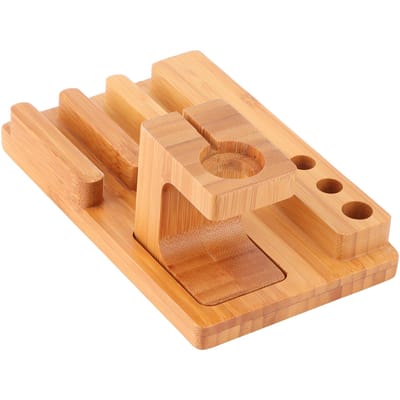 Multifunctionele Bamboe Horlogehouder Desktop Telefoonrek Laptop Opbergorganizer voor Thuiskantoor beige