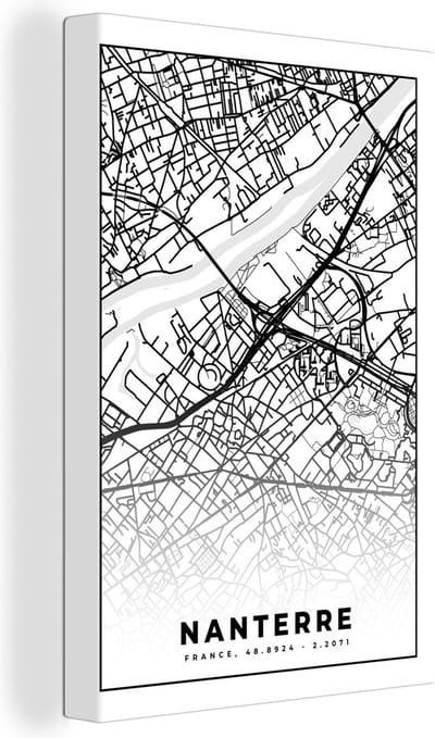 Canvas Schilderij Plattegrond - Nanterre - Kaart - Frankrijk - Stadskaart - Zwart wit - 20x30 cm - Wanddecoratie
