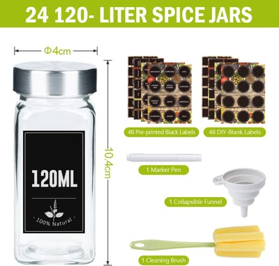 Soontrans - 24 Glazen Kruidenpotjes Vierkant - RVS Deksel - Kruidenpotjes Vierkant Set - Kruidenpotten Set 24x120ml - Kruidenpotjes Met Kruidenstrooier - Incl. Stickers - Trechter - Pen - Reinigingsborstel