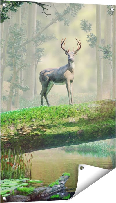 Gards Tuinposter Hert in het Bos op een Boom - 60x90 cm - Tuindoek - Tuindecoratie - Wanddecoratie buiten - Tuinschilderij