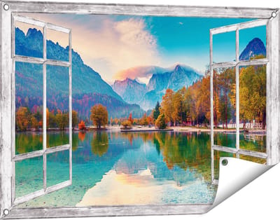 Gards Tuinposter Doorkijk Meer - 90x60 cm - Tuindoek - Tuindecoratie - Wanddecoratie buiten - Tuinschilderij