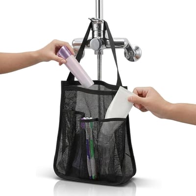 douchetas, mesh-douchetas met handvat en haken, sneldrogende doucheplank voor camping, sportschool, strand, slaapzaal, badkamer, campingaccessoires, zwart