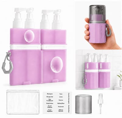 SnelShoppen - Navulbare Reisflessen Set 4-in-1 - Lekvrij, Siliconen, met Zuignap, Pomp, Spray, Etiketten en Tas - Roze - Ideaal voor Vliegtuig, Campin