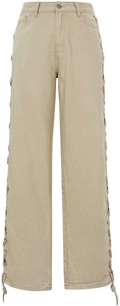 Comfortabele Geweven Katoenen Damesbroek met Rechte Pijpen en Zijsluitingen - Beige - Maat XS