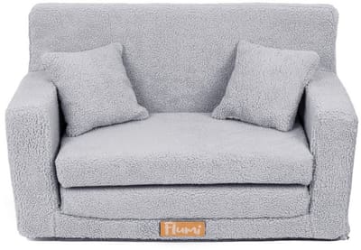 Flumi opvouwbare mini kindersofa van teddy stof – zachte kinderbank met uitklapfunctie en afneembare hoes, grijs