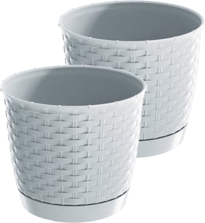 2x stuks ronde gevlochten plantenpotten/bloempotten kunststof dia 14.5 cm en hoogte 12.5 cm in het parel wit