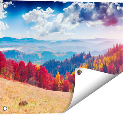 Gards Tuinposter Kleurrijke Herfstbos met Heuvellandschap - 50x40 cm - Tuindoek - Tuindecoratie - Wanddecoratie buiten - Tuinschilderij