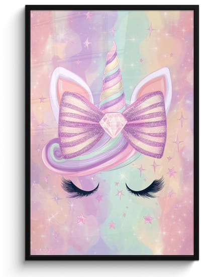 Poster in lijst - Fotolijst 80x120 cm - Posters - Eenhoorn - Glitters - Regenboog - Pastel - Posterlijst zwart - Decoratie - Wanddecoratie woonkamer - Muurdecoratie slaapkamer