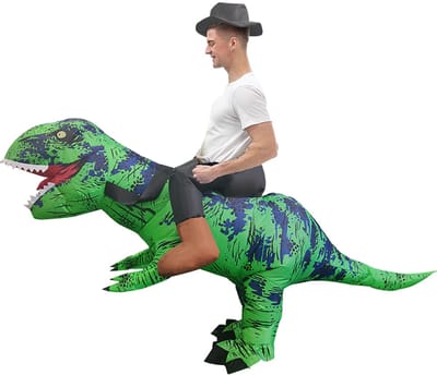 KIMU® Opblaas Kostuum Rijdend op T-Rex Groen - Opblaasbaar Pak - Dinopak Mascotte Opblaaspak - Opblaasbare Dino Dinosaurus Dames Heren Festival