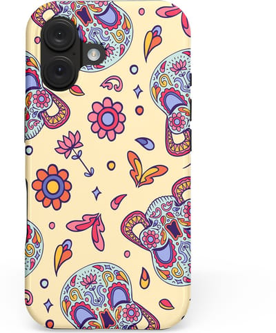 Casetastic hoesje geschikt voor Apple iPhone 16 - MagSafe - Dubbellaagse bescherming - Dia de los Muertos Doodshoofd Bloemen - Fashion Case - Crème Lila Zilver