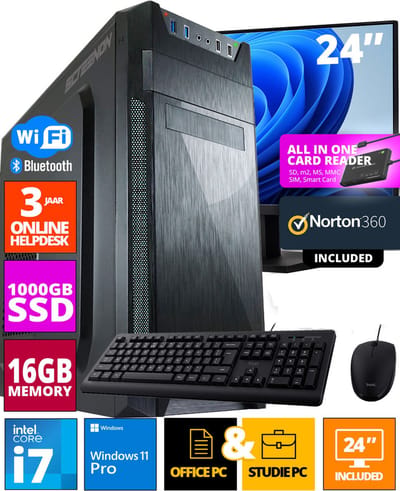 Intel Budget Office PC SET - Office PC - 24 Inch Monitor + Muis + Toetsenbord - Inclusief Norton 360 & USB SD Card Reader + WiFi & Bluetooth