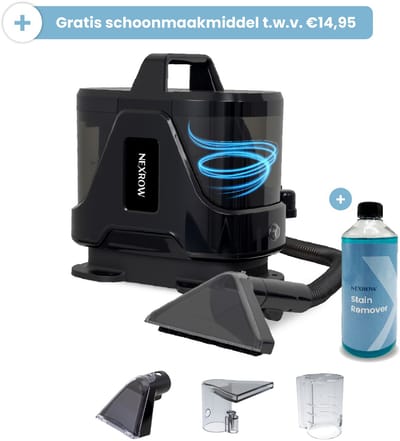 NEXROW® Vlekkenreiniger Pro – Tapijtreiniger & Bank Reiniger Machine – 650W – 14 kPa – Zetelreiniger met Dubbele Watertank en Zelfreinigend Opzetstuk – Voor Tapijt, Bank, Zetel & Auto – 3 opzetstukken – Zwart