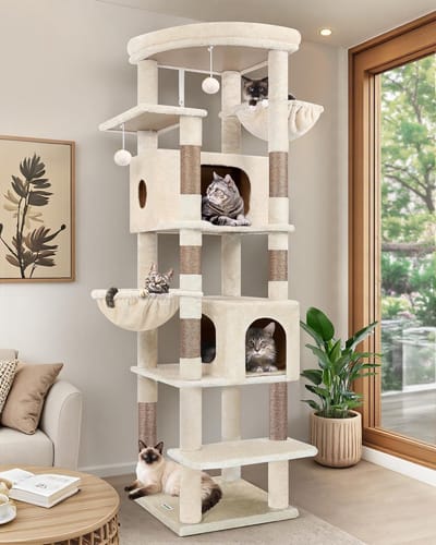Dailygoods- Kattenboom groot hoog 188 cm - 2 kattenhuizen - platform gevoerd - 2 kattenmanden zacht - pluche kattenspeelgoed - stabiele krabpaal anti-val - Kattenmeubel